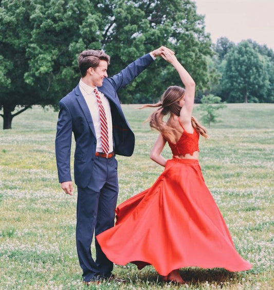 LTP0830,Two pieces red prom dresses lace top sleeveless evening dresses