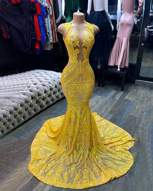 LTP1593,Luxury Yellow Prom Dresses,See Through Evening Dresses,Applique Lace Prom Dress,