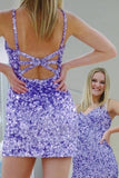 LTP1107,Glitter purple homecoming dresses mini sleeveless graduation dress