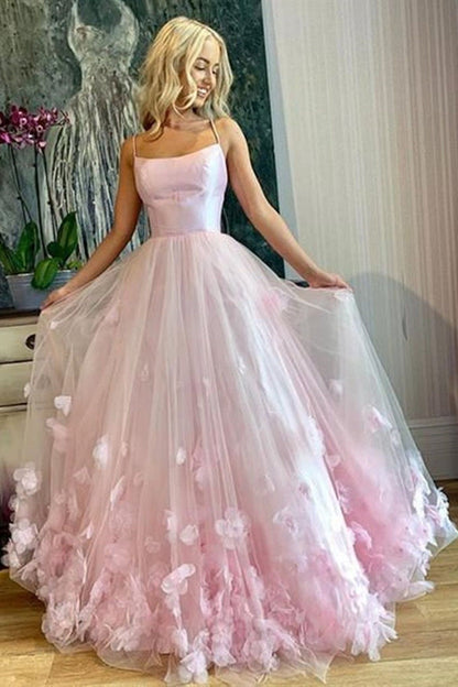 LTP0207,Lovely pink tulle long prom dress floral evening dresses