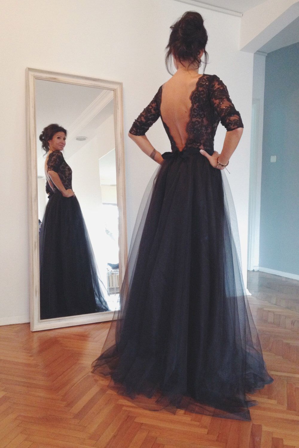 LTP0713,Black lace prom dresses beaded open back long evening prom dress long sleeves a-line tulle black party dress