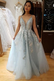 LTP0930,A-Line V-Neck Spaghetti Straps Light Blue Prom Dresses,Long Formal Dresses With Applique