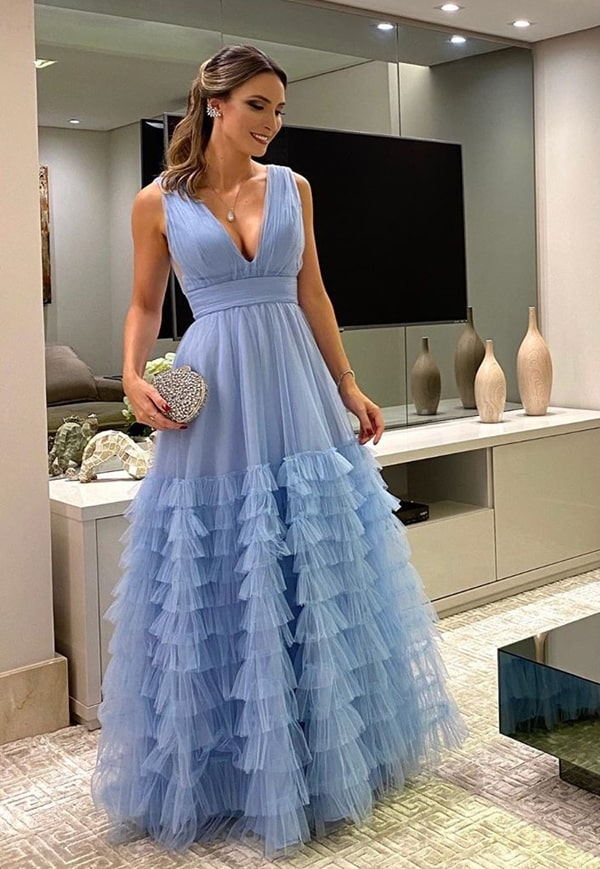 LTP0592,Sexy Prom Dress Blue Tulle Evening Dresses V-Neck Long Prom Dress Ruffles Party Dresses