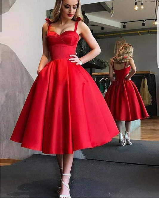 LTP0379,Red sweetheart a line satin prom dresses tea length homecoming dresses