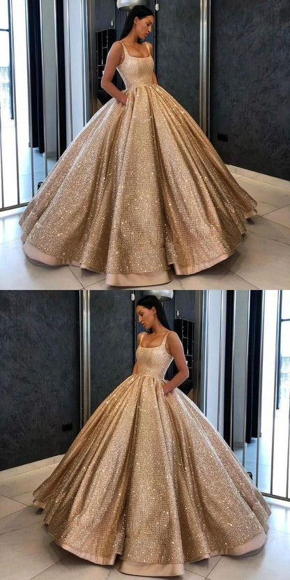LTP0191,Sweet 16 Dress Ball Gown Prom Dress with Pockets Beads Sequins Floor-Length Gold Quinceanera Dresses