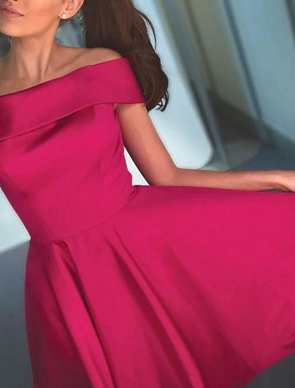 LTP1406,A-Line Cocktail Dresses Flirty Dress Engagement Knee Length Homecoming Dresses Sleeveless Off Shoulder Satin with Pleats 2022 / Cocktail Party Dresses