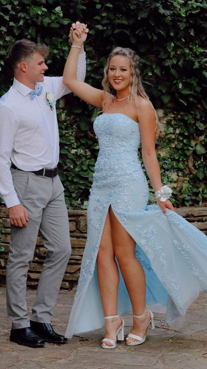 LTP0843,Princess Light Sky blue Formal Dress Lace Appliques Prom Dresses Mermaid Lace Split Evening Dresses