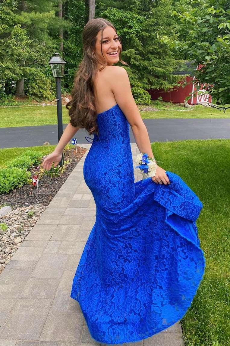 LTP1661,Elegant Lace Strapless Royal Blue Prom Dresses with Slit
