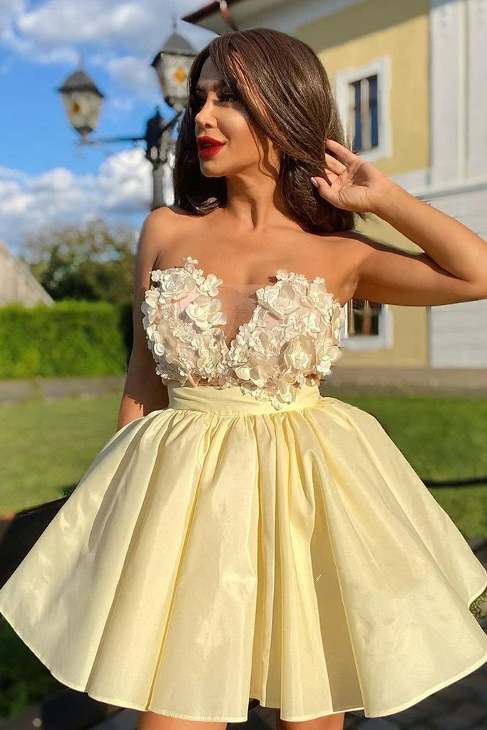 LTP1425,Cute Strapless Yellow Satin Short Homecoming Dress with Flowers