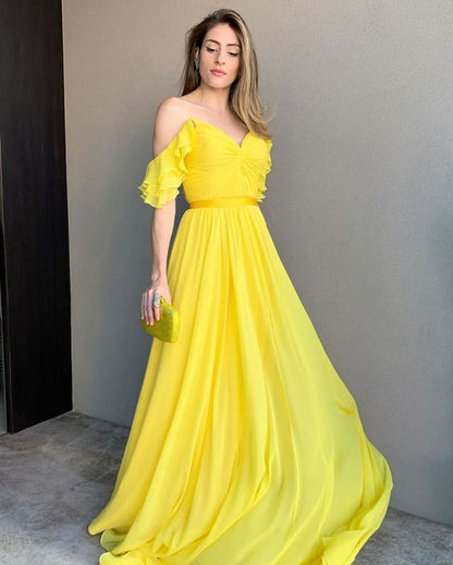 LTP1189,Charming A Line V Neck Daffodil Chiffon Long Prom Dresses,Wedding Party Dresses,Yellow Chiffon Evening Dresses