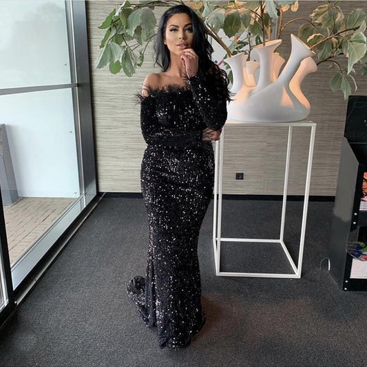 LTP1331,Black off the shoulder feather sequined long prom evening dresses
