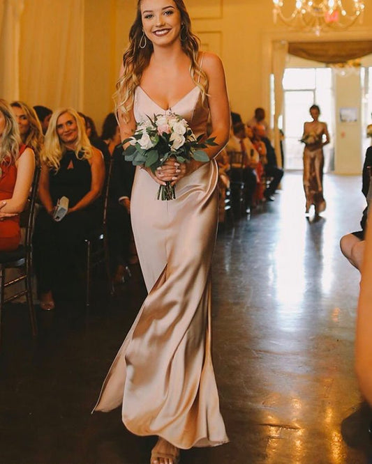 LTP0655,Elegant Sheath V Neck Light Champagne Silk Satin Long Bridesmaid Dresses with Front Slit