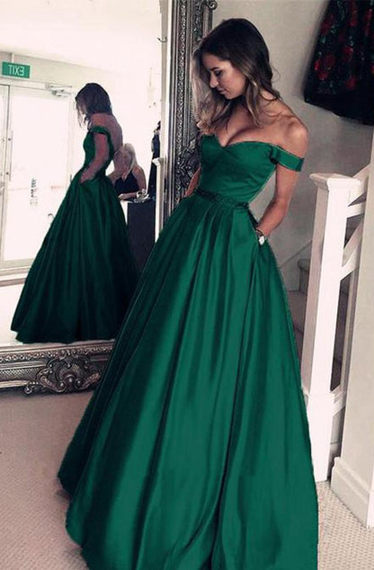 LTP0763,Green A-Line Off The Shoulder Prom Dresses Beaded Satin Evening Party Dress