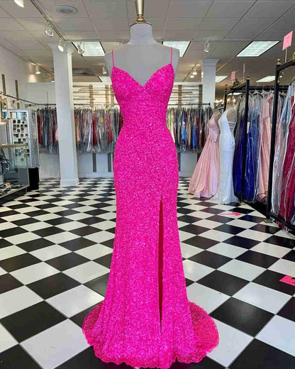 LTP0617,Pink Sequin Long Prom Dresses Spaghetti Straps Evening Party Gown