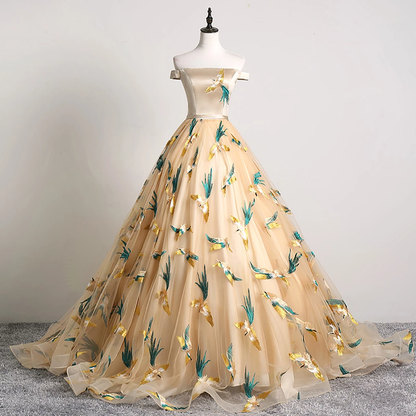 LTP1015,Elegant off the shoulder gold tulle prom dresses embroidery classic evening formal dress