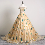 LTP1015,Elegant off the shoulder gold tulle prom dresses embroidery classic evening formal dress
