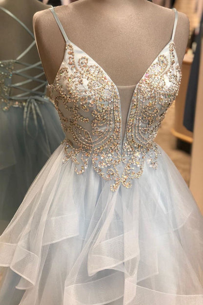 LTP0632,A Line Spaghetti Straps Light Sky Blue Short Homecoming Dress With Beading