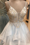 LTP0632,A Line Spaghetti Straps Light Sky Blue Short Homecoming Dress With Beading