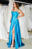 LTP1265, Cowl Neck Green Satin A-Line Formal Dress with Slit