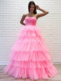 LTP0950,Pink Tulle Sweet 16 Dresses Princess Strapless Long Formal Prom Dresses