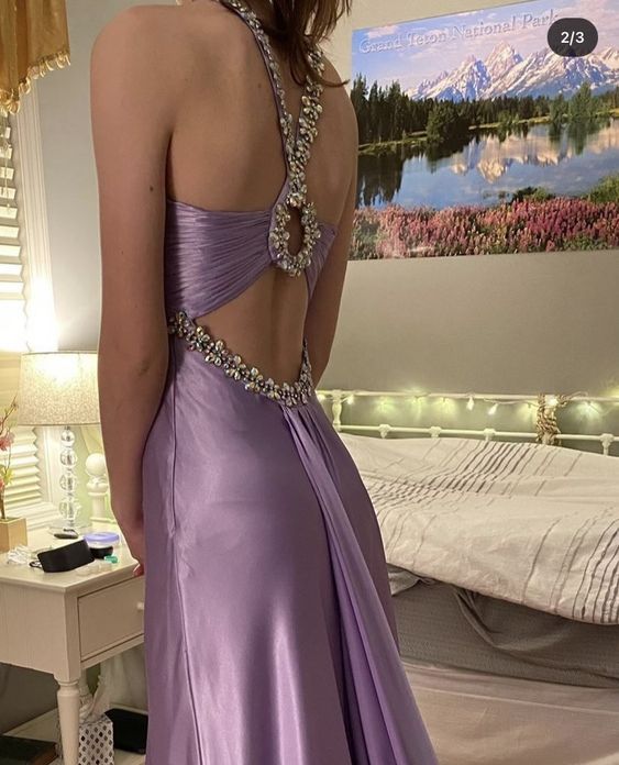 LTP1364,Light purple satin beaded long prom evening dresses