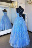 LTP1025,Sky blue lace prom dresses evening ball gown