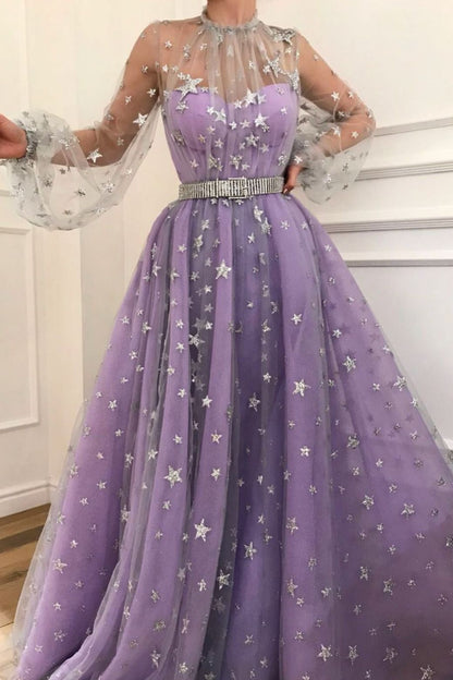 LTP0418,Sparkly A Line High Neck Floor Length Long Sleeve Star Lace Lilac Long Tulle Prom Dress