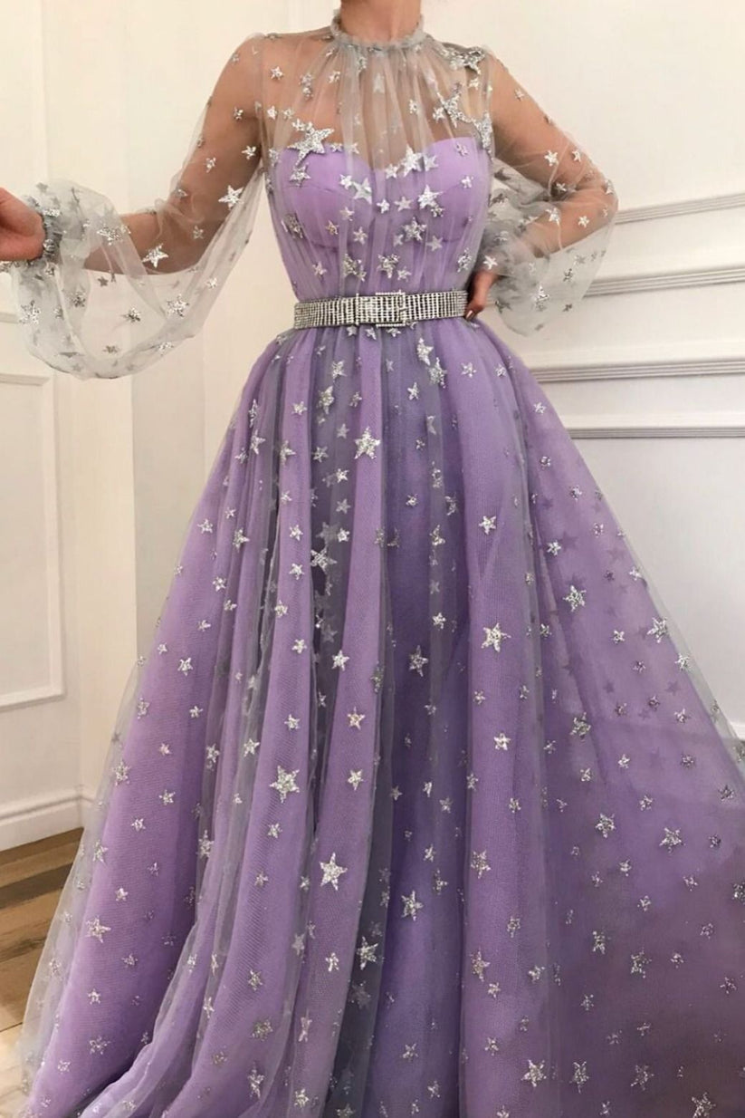 Sexy A Line StrapsNeckline Flower Lace Lilac Long Prom Dresses main image 0