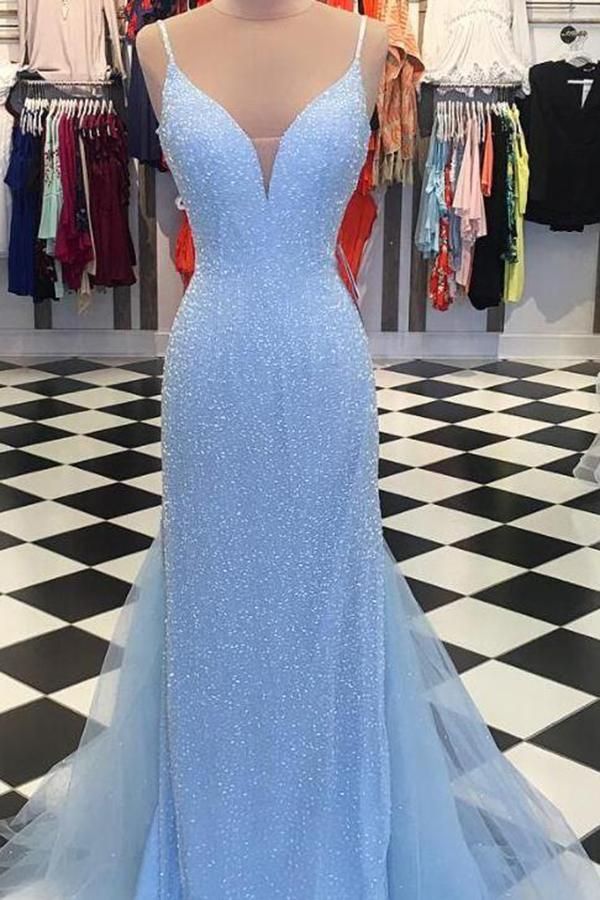 LTP0232,Light blue spaghetti straps long prom dresses
