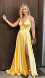 LTP0541,Halter v-neck long yellow prom dresses satin long evening dress