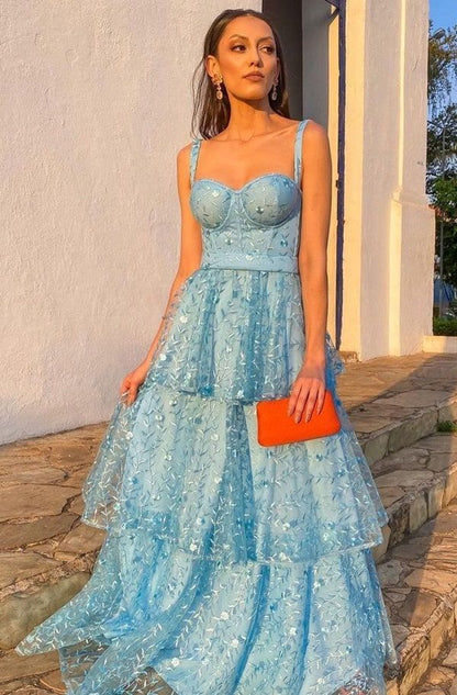 LTP1194,Vestido Blue A-Line Prom Dresses,Lace Layers Ruffles Evening Party Dresses