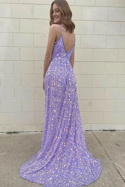 LTP1651,Sparkle Lilac Sequin Long Prom Dresses With Slit,V-Neck Evening Formal Gown