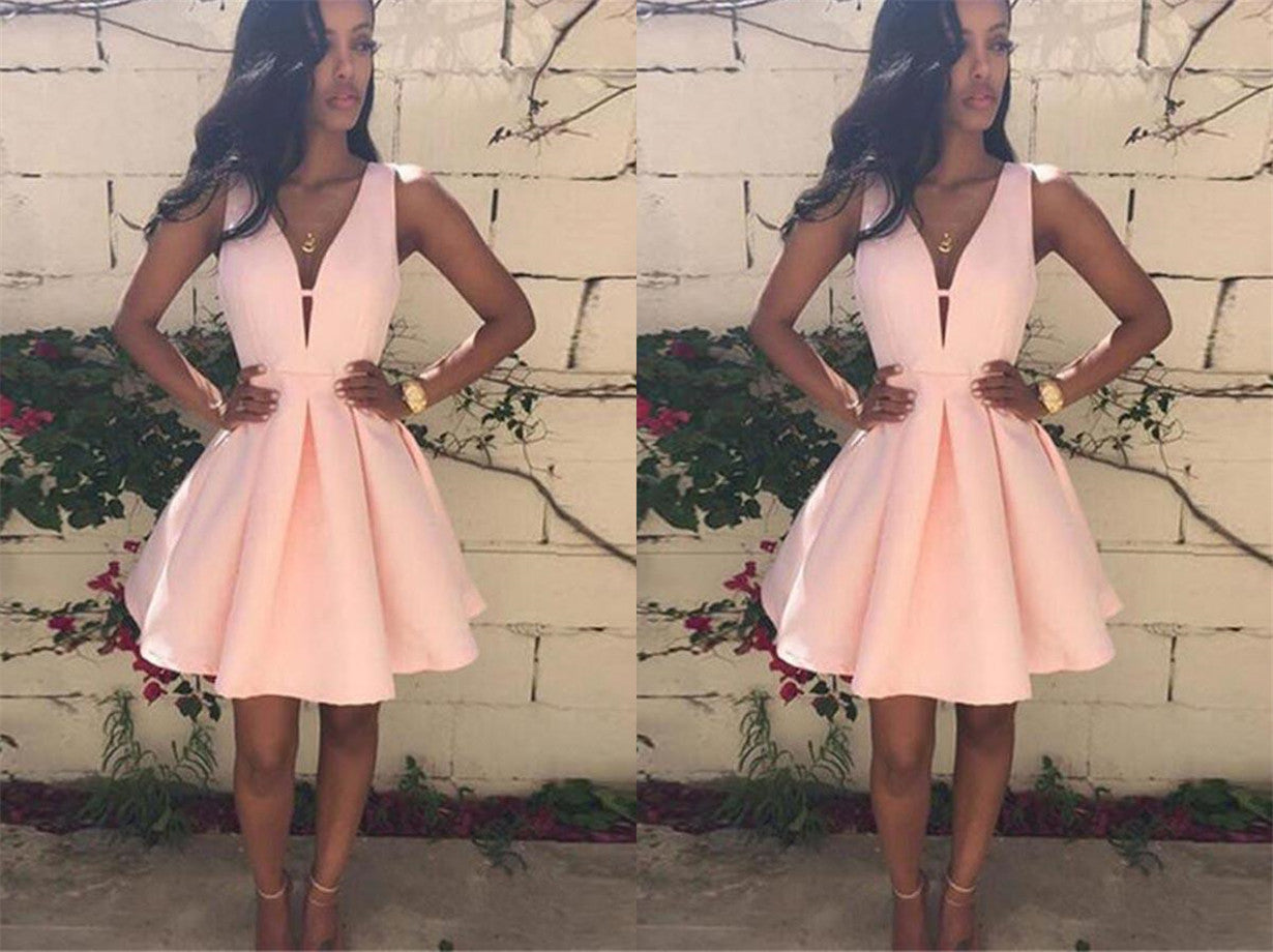 LTP0471,Charming pink homecoming dresses v-neck a line prom dress mini party gown