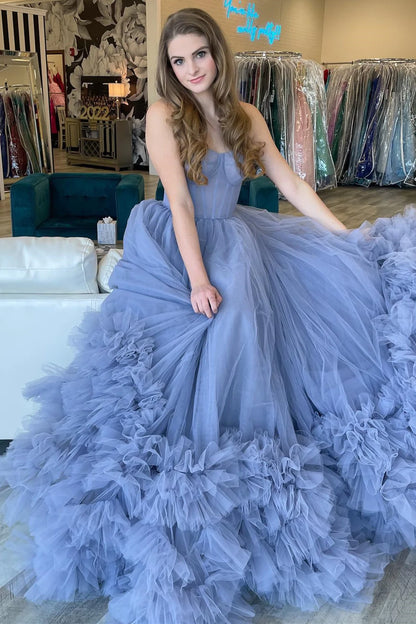 LTP1577,Princess Tiered Blue Strapless Ball Gown,Long Prom Evening Dresses