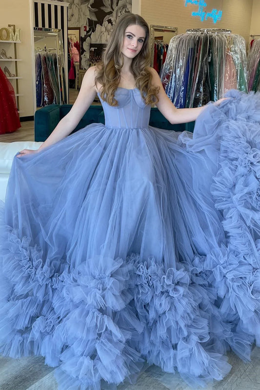 LTP1577,Princess Tiered Blue Strapless Ball Gown,Long Prom Evening Dresses
