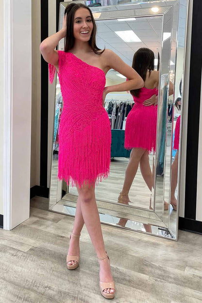 LTP1185,Hot Pink One-Shoulder Beading Tassel Short Homecoming Dress