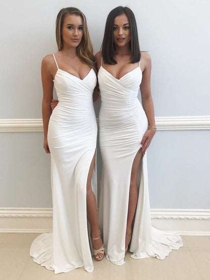 LTP0464,White spaghetti straps long prom dresses pleated evening gown with side slit