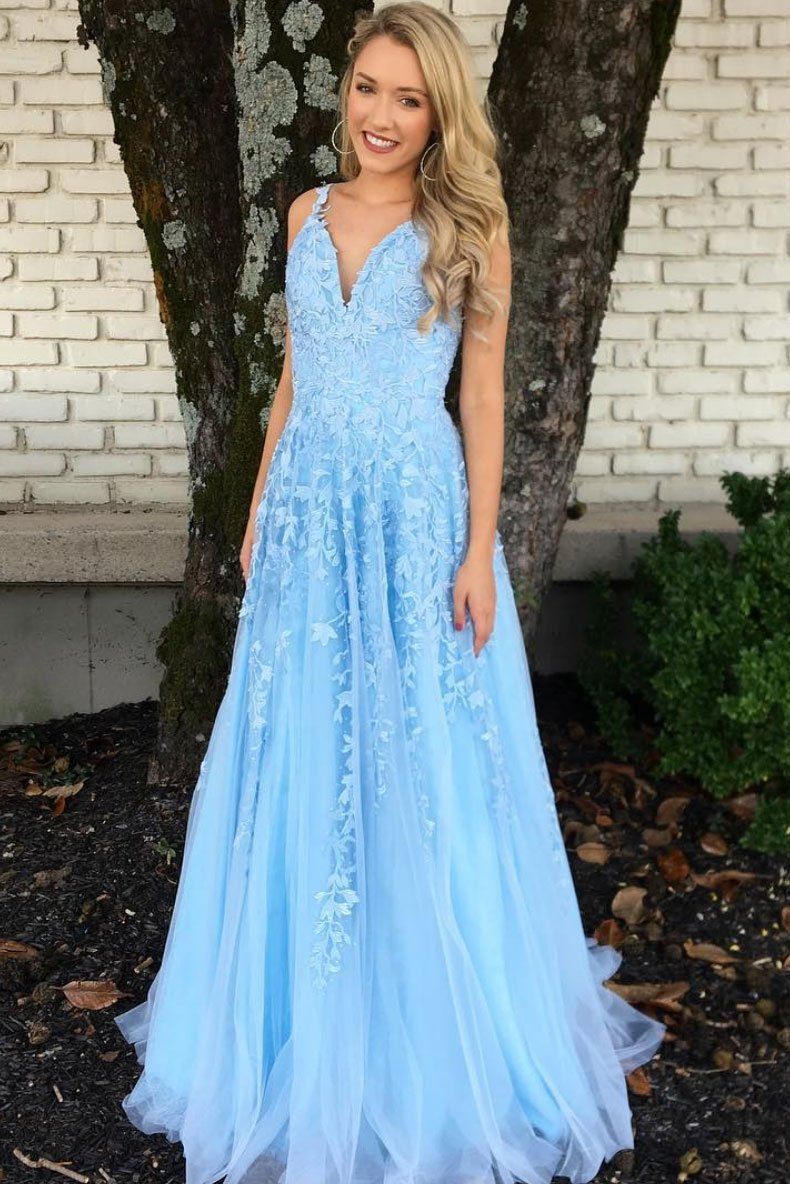 LTP0905,Beautiful A Line Spaghetti Straps Blue Prom Dresses with Appliques