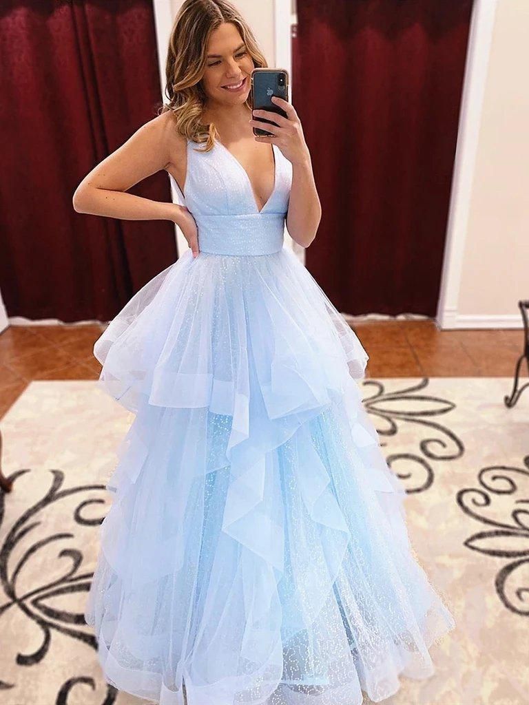 LTP0706,Light blue prom dress ruffles v-neck party dresses