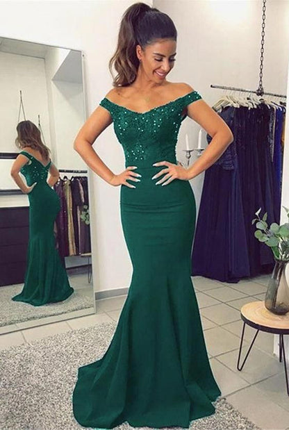 LTP0214,Green mermaid long prom dress off the shoulder beaded evening dresses satin prom dresses formal gown