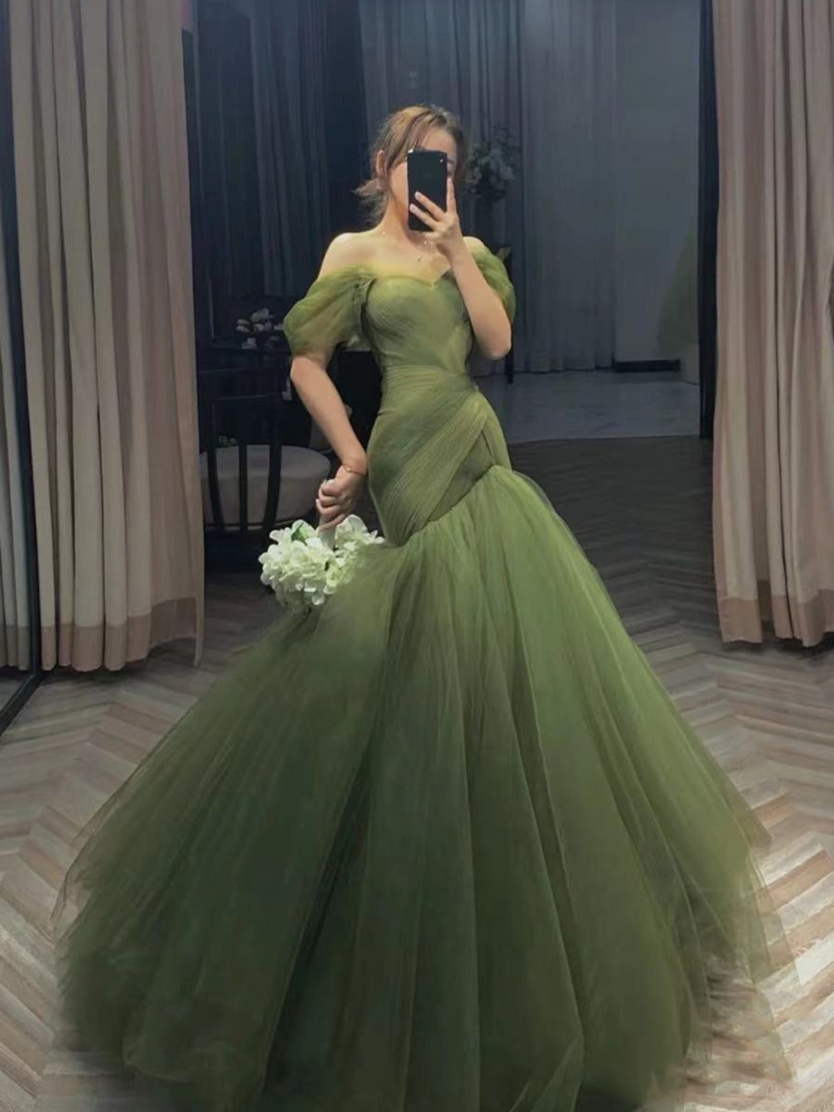 LTP1620,Green Tulle Off The Shoulder Mermaid Long Prom Evening Dresses