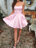 LTP1455, Simple Pink Spaghetti Strap Homecoming Dresses with Pockets