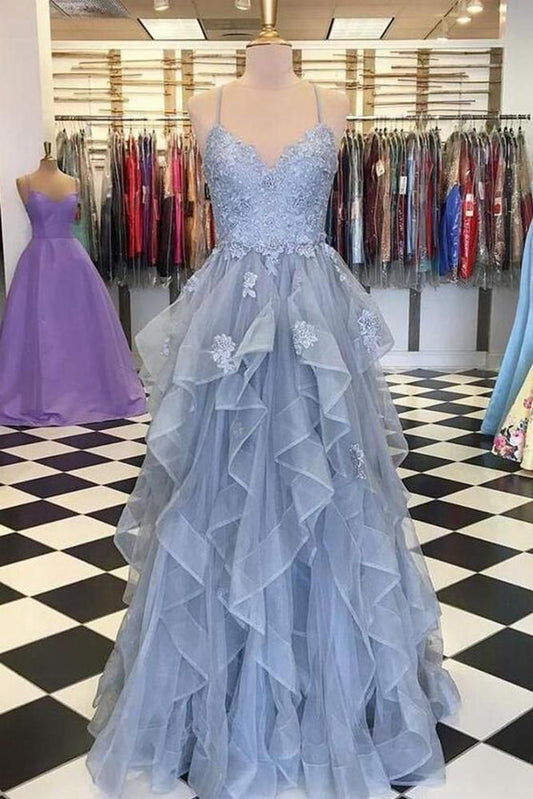 LTP1032,Charming spaghetti straps applique ruffles tulle prom dresses