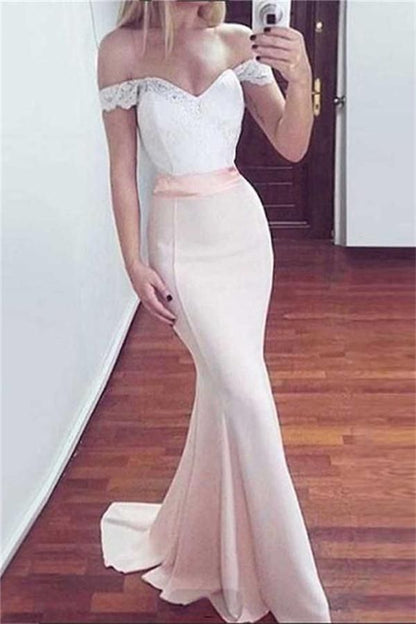 LTP0366,Light pink white mermaid long prom dresses lace off the shoulder prom dress