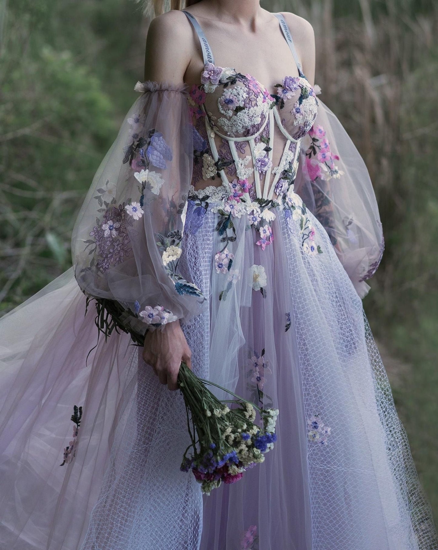 LTP1005,Purple tulle evening dress a-line prom dresses floral formal gown