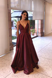 LTP0280,Burgundy spaghetti straps a-line satin long prom dresses evening dress v neck ball gown