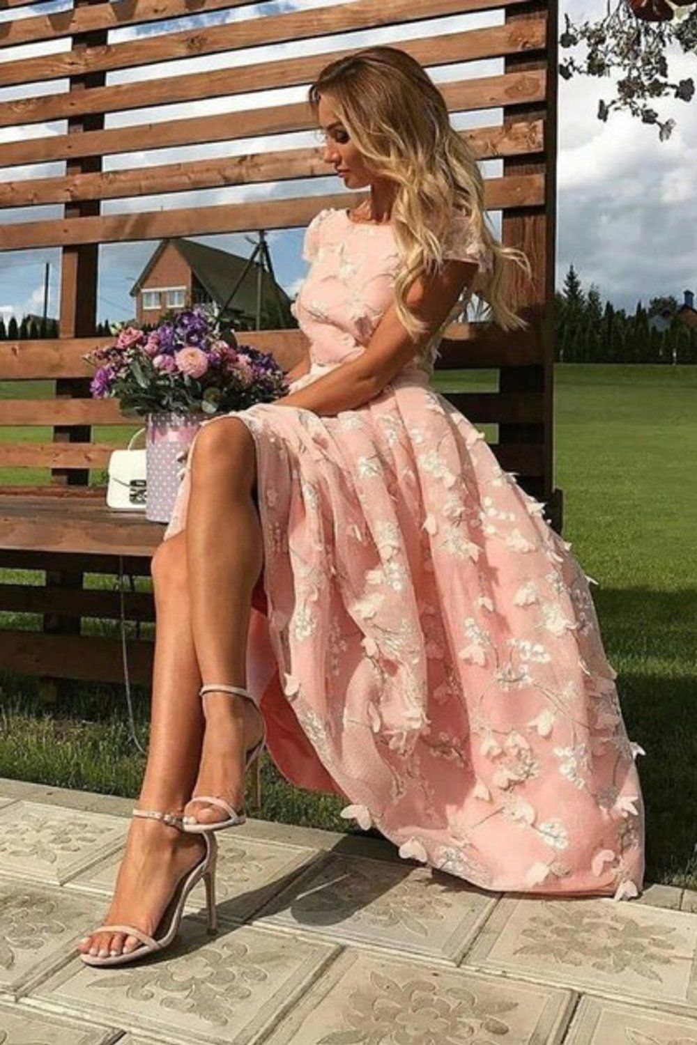 LTP0416,Pink A-Line Homecoming Dresses Floral Applique Midi Dress