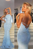 LTP0359,Light blue prom dresses lace mermaid open back long evening dress