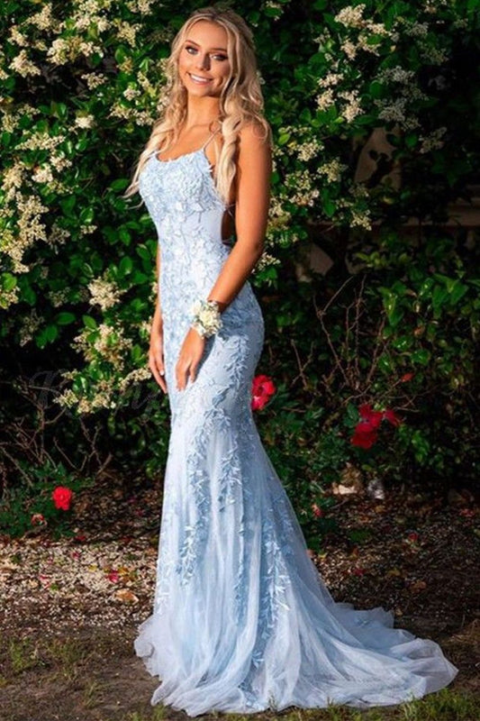 LTP0156,Elegant light blue lace mermaid prom dress cross back evening dresses backless party dress with sweep train