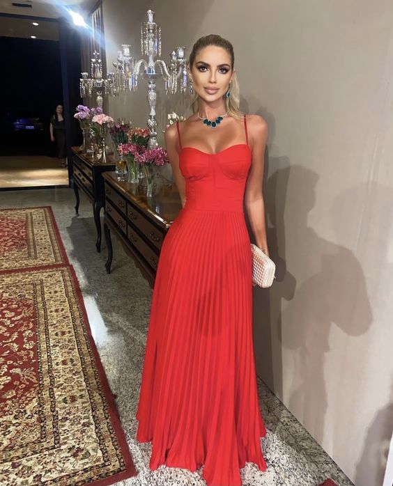 LTP1246,Red Pleated Long Prom Evening Dresses,Red Spaghetti Straps Formal Gown